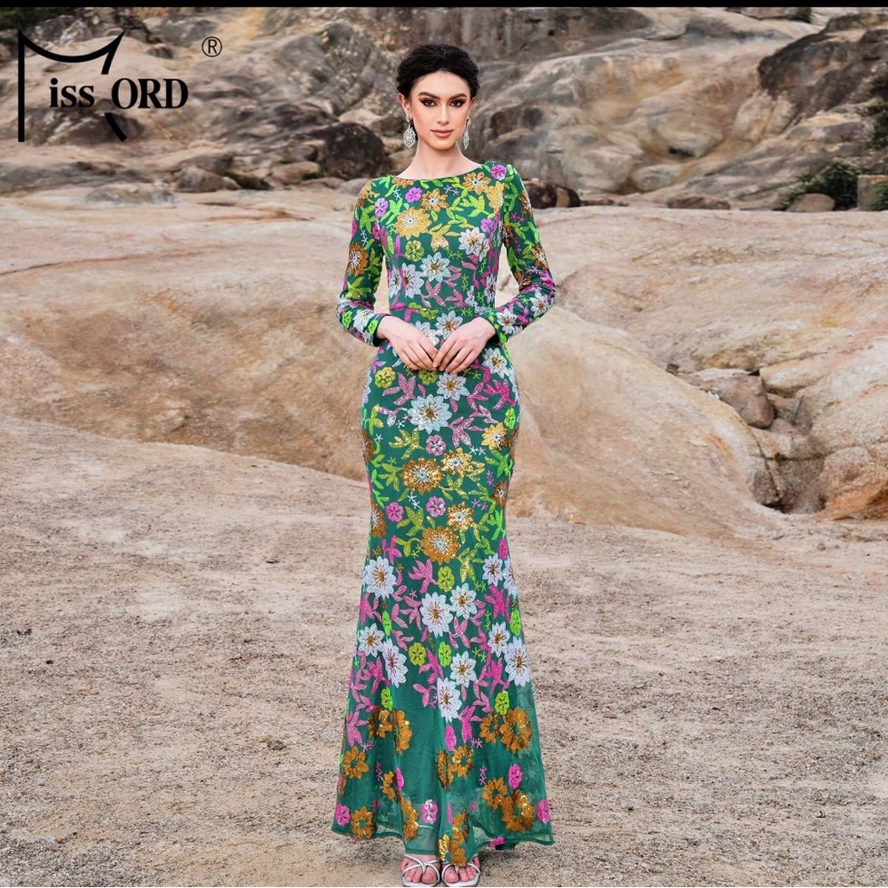 Green Floral Long Sleeve Sequin Evening Dress